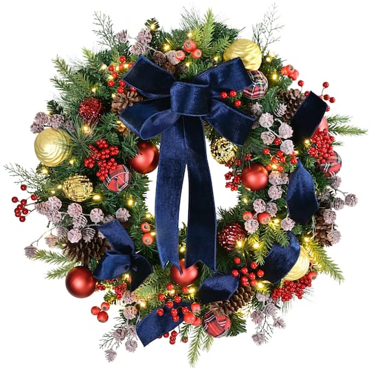 Puleo International 26" Pre-Lit Ornaments & Pinecones Artificial Christmas Wreath